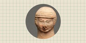 the head of a Judaean Pillar figurine in a circle with a gridded background
